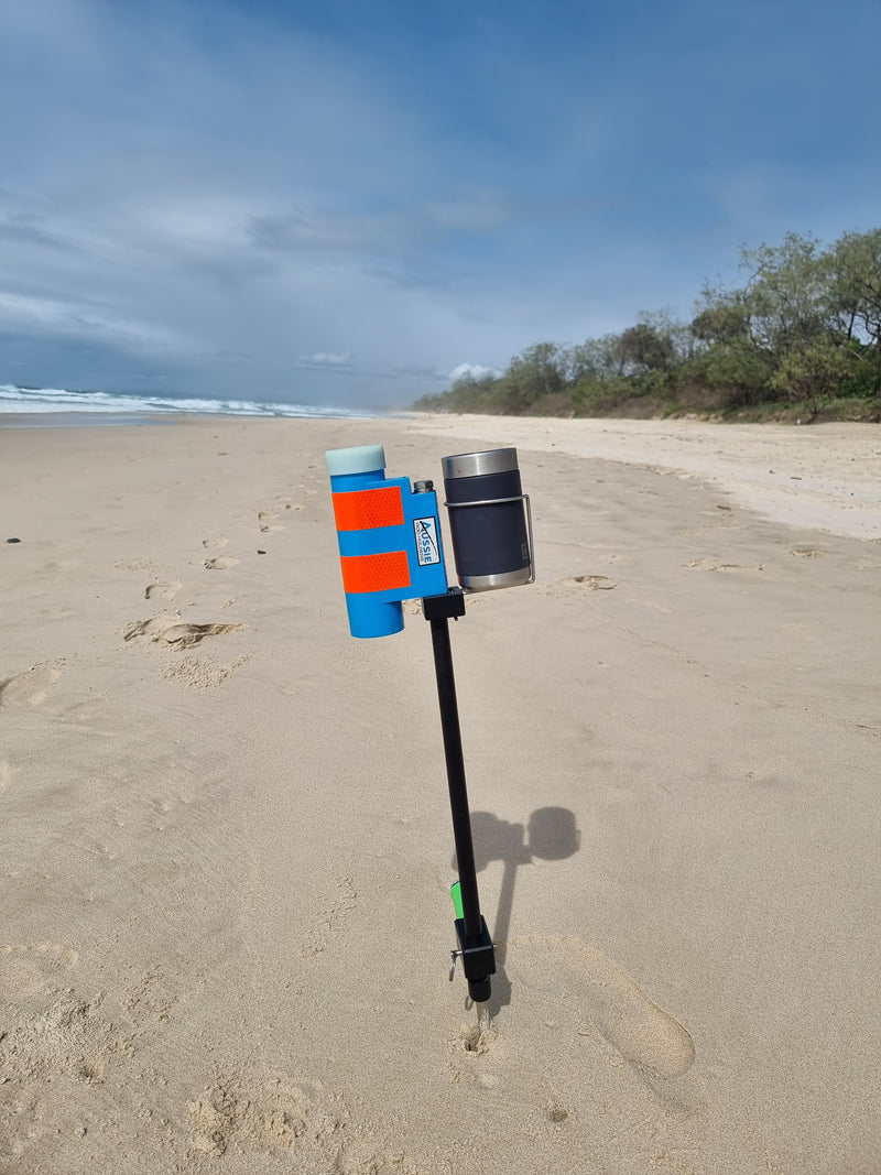 Beach fishing rod holder and sand spike with cup holder