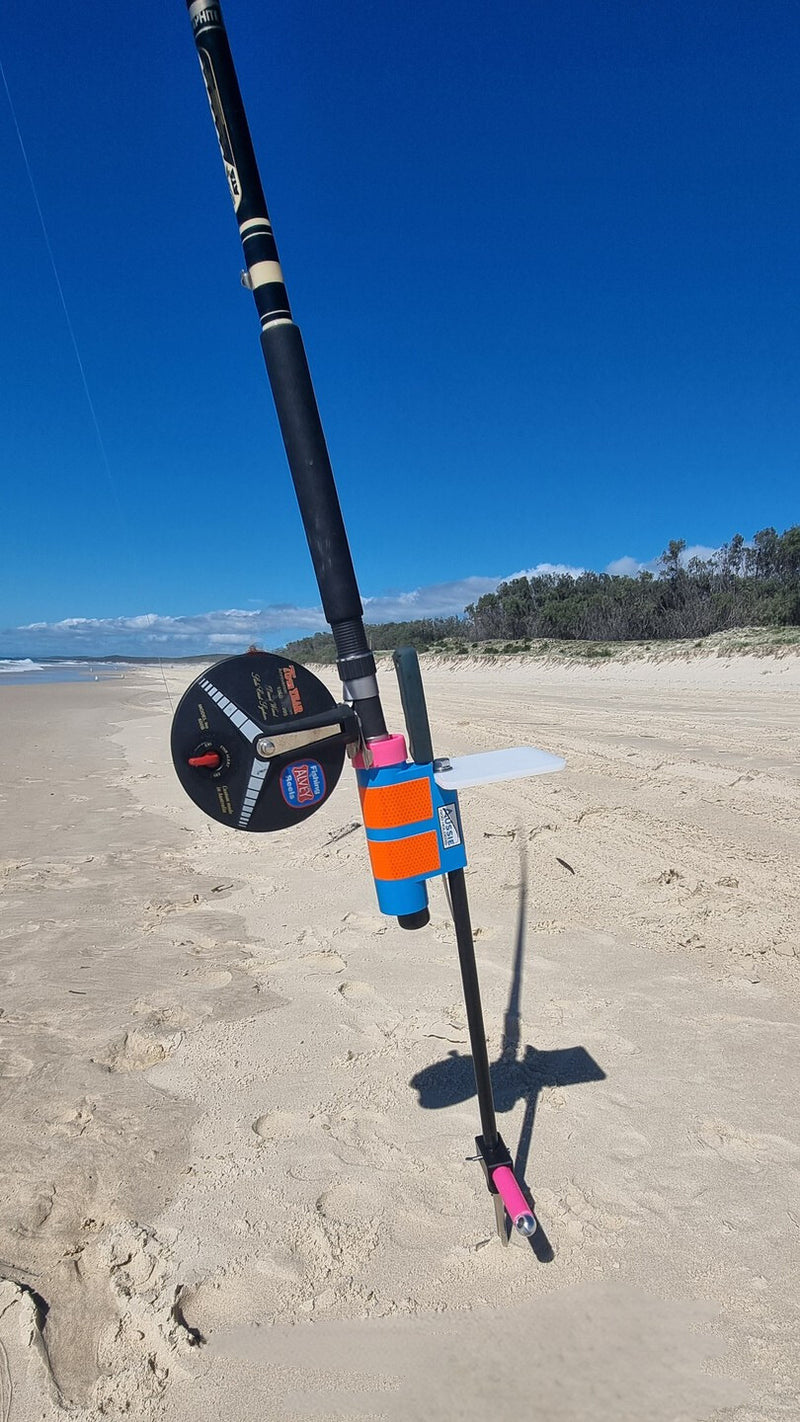 Pink fishing rod holder with bait board and knife