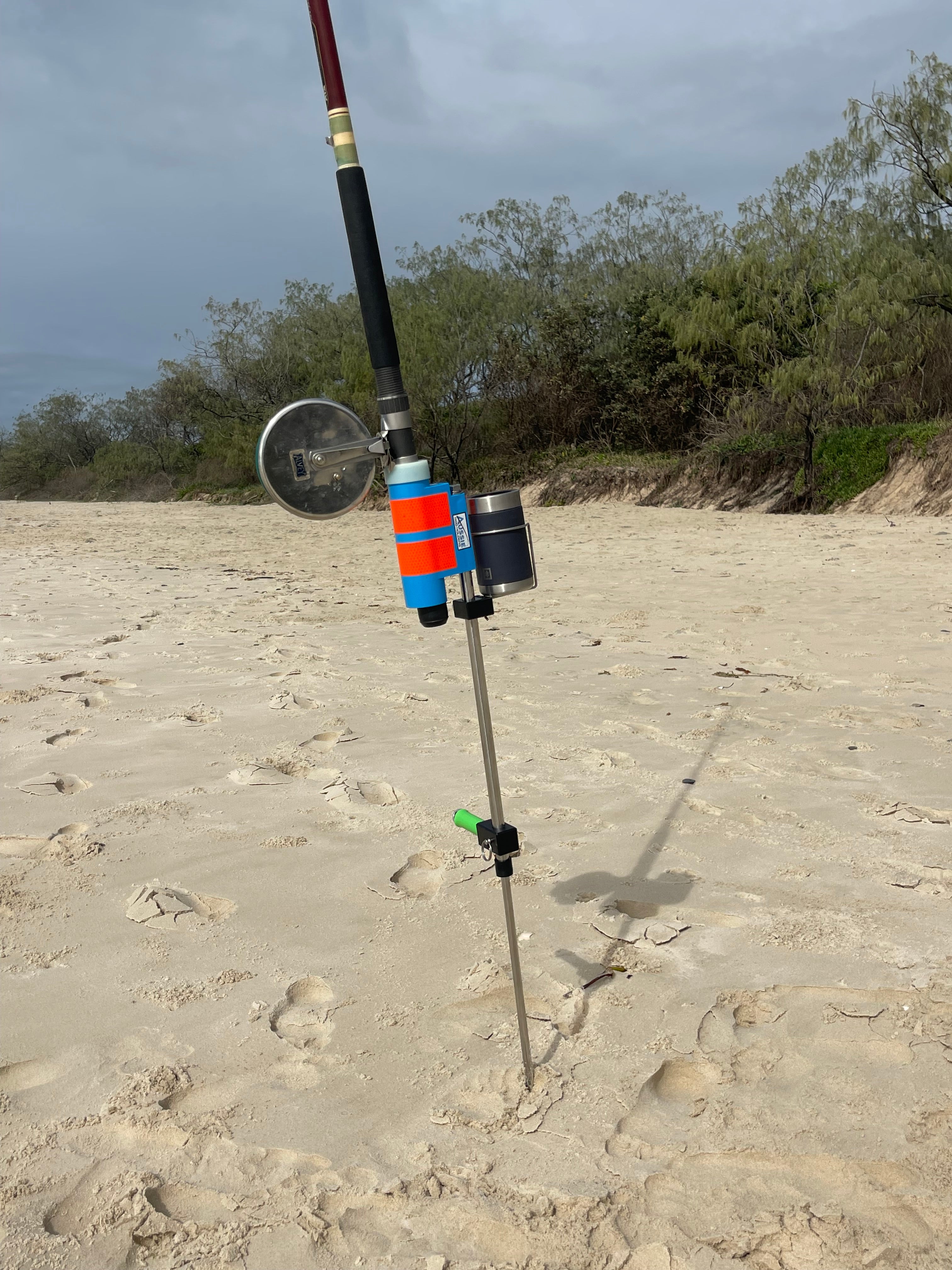 Beach Fishing Rod Holder with extended sand spike and drinks holder