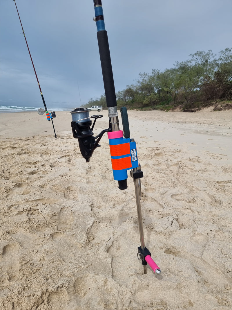Stainless Steel beach Fishing Rod Holder with fishing knife and FWD in background