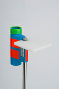 Blue and green fishing rod holder with white bait board attachment