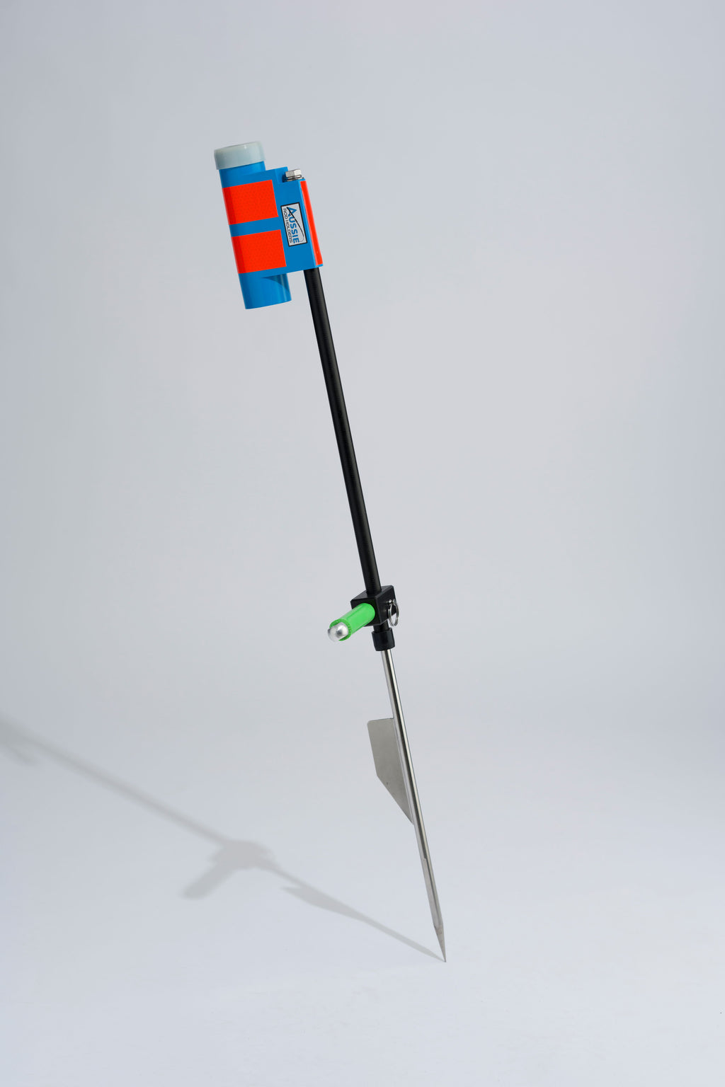 Blue and luminescent fishing rod holder with fibreglass tube, foot peg and stainless steel sand spike on white background
