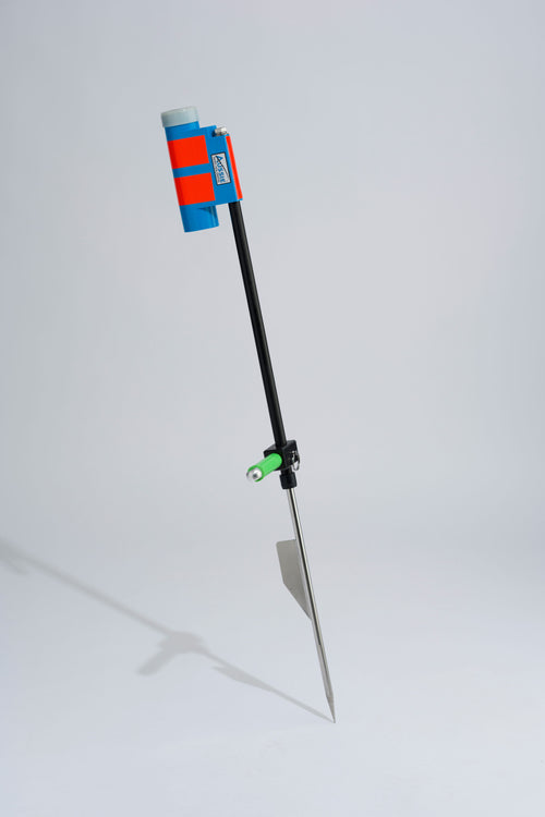 Blue and luminescent fishing rod holder with fibreglass tube, foot peg and stainless steel sand spike on white background