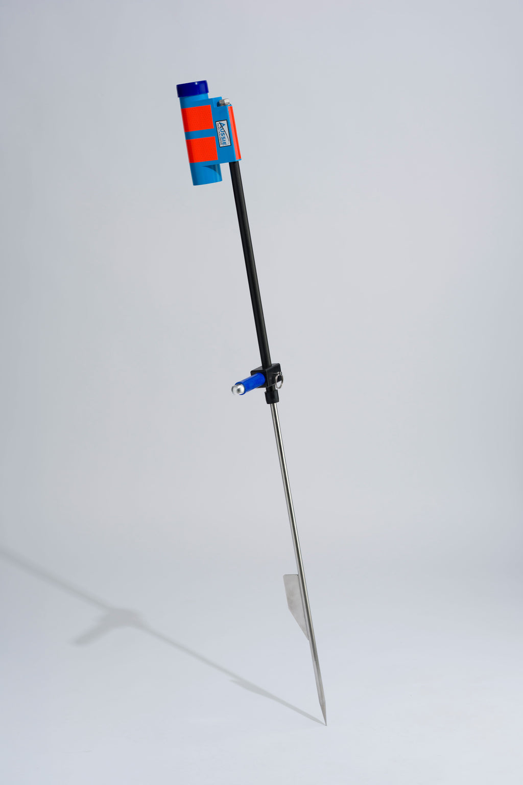Blue fishing rod holder with fibreglass tube, foot peg and stainless steel sand spike on white background
