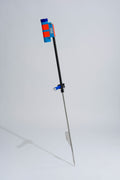 Blue fishing rod holder with fibreglass tube, foot peg and stainless steel sand spike on white background