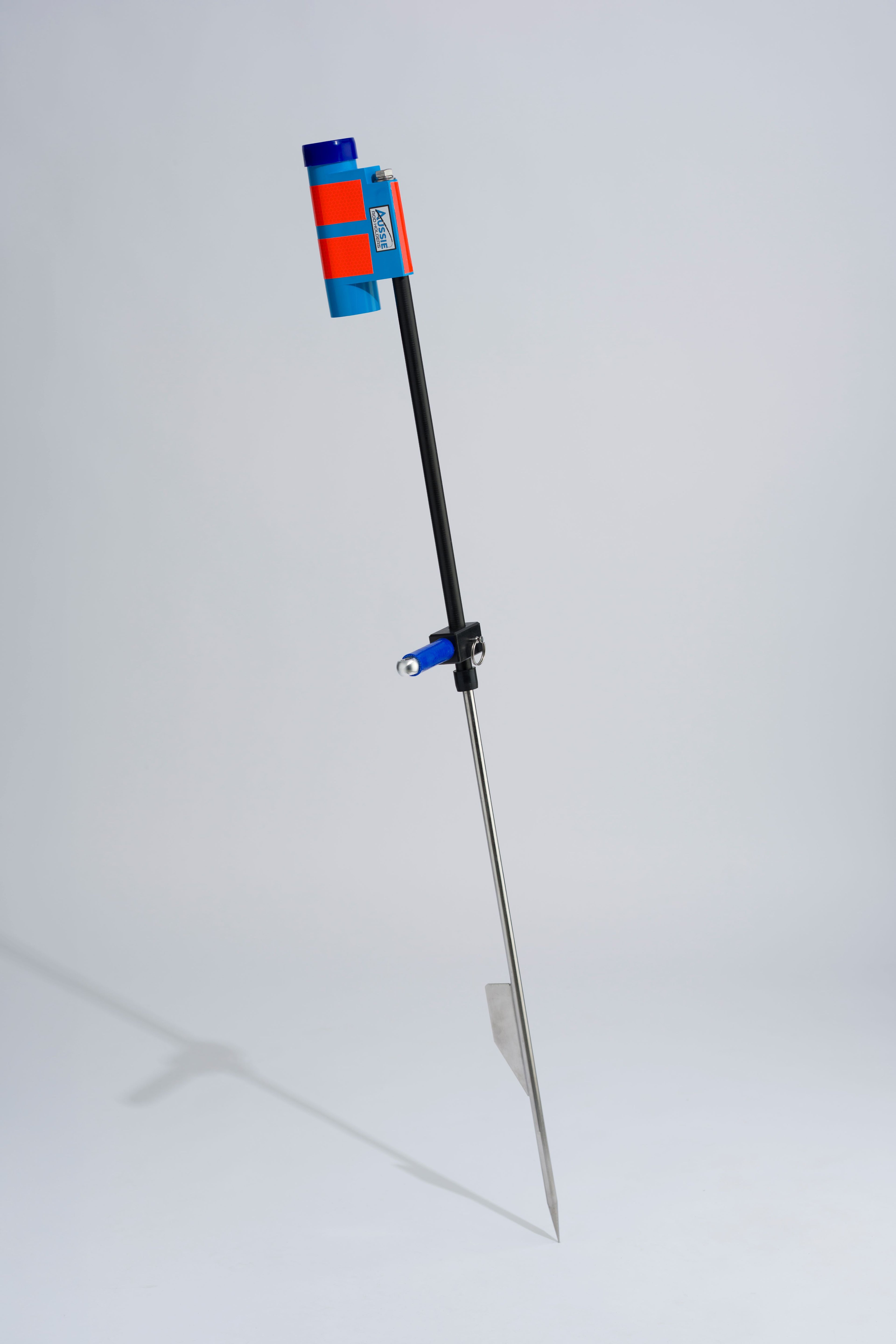 Blue fishing rod holder with fibreglass tube, foot peg and stainless steel sand spike on white background