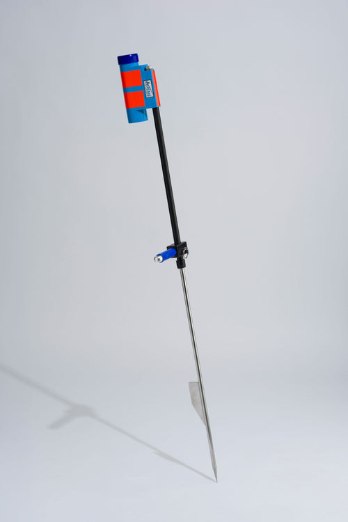 Blue fishing rod holder with fibreglass tube, foot peg and stainless steel sand spike on white background