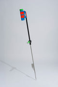 Blue and green fishing rod holder with fibreglass tube, foot peg and stainless steel sand spike on white background