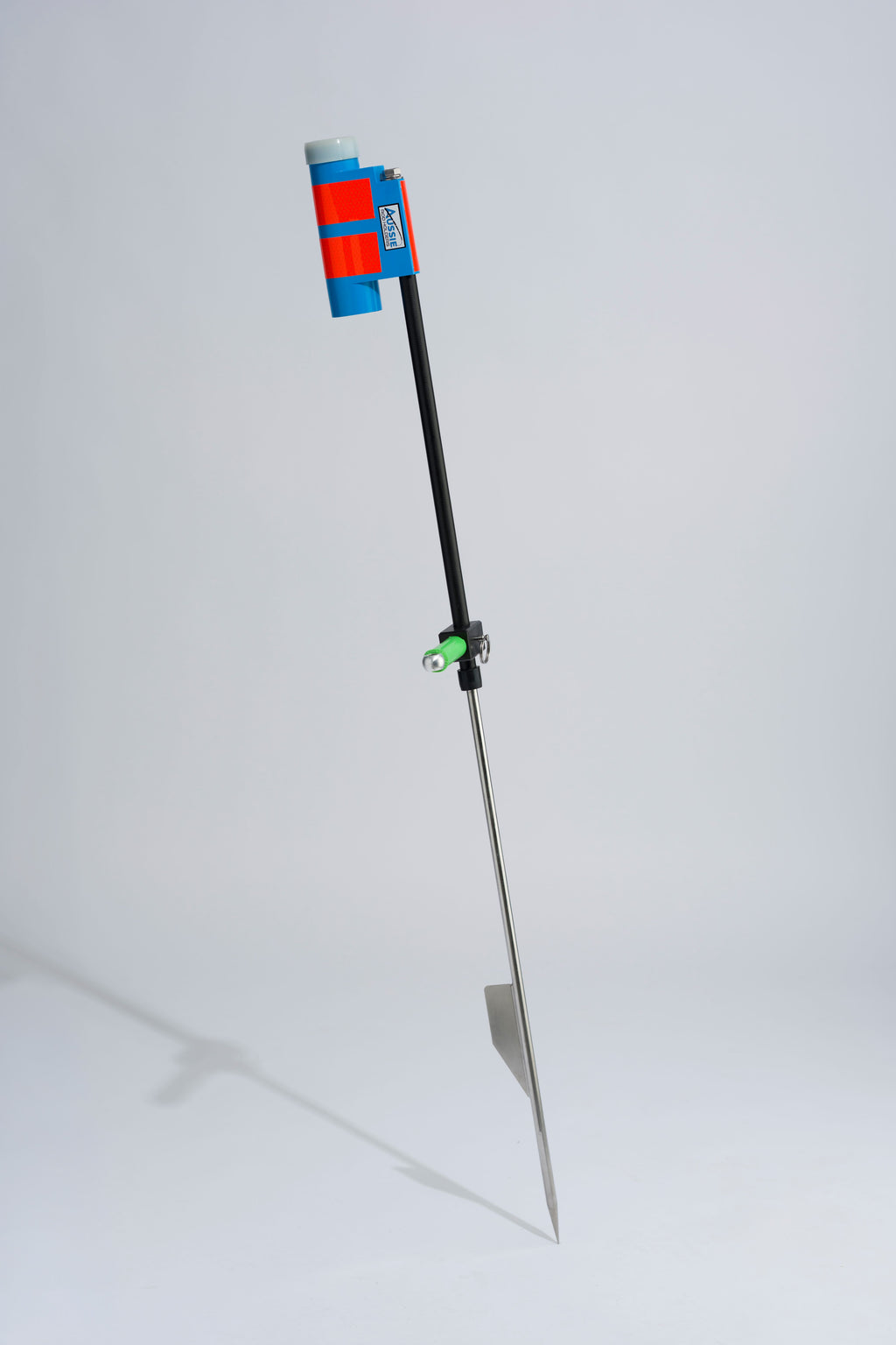 Blue and luminescent fishing rod holder with fibreglass tube, foot peg and stainless steel sand spike on white background