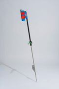 Blue and luminescent fishing rod holder with fibreglass tube, foot peg and stainless steel sand spike on white background