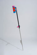 Blue and pink fishing rod holder with fibreglass tube, foot peg and stainless steel sand spike on white background