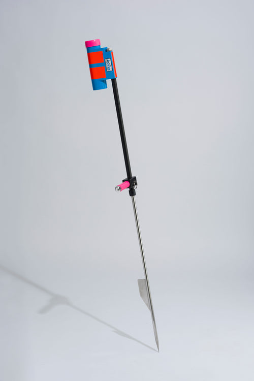 Blue and pink fishing rod holder with fibreglass tube, foot peg and stainless steel sand spike on white background