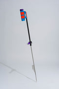 Blue and purple fishing rod holder with fibreglass tube, foot peg and stainless steel sand spike on white background