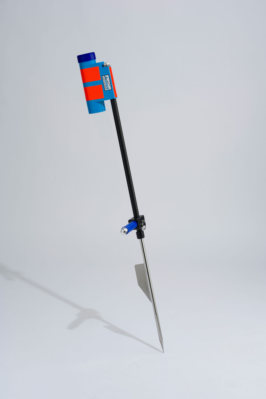 Blue fishing rod holder with fibreglass tube, foot peg and stainless steel sand spike on white background