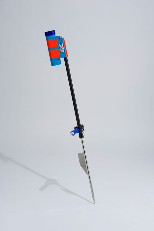 Blue fishing rod holder with fibreglass tube, foot peg and stainless steel sand spike on white background