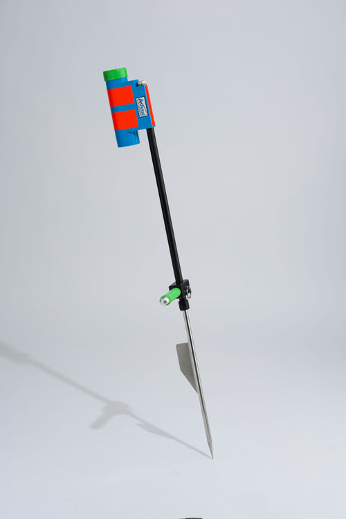 Blue and green fishing rod holder with fibreglass tube, foot peg and stainless steel sand spike on white background