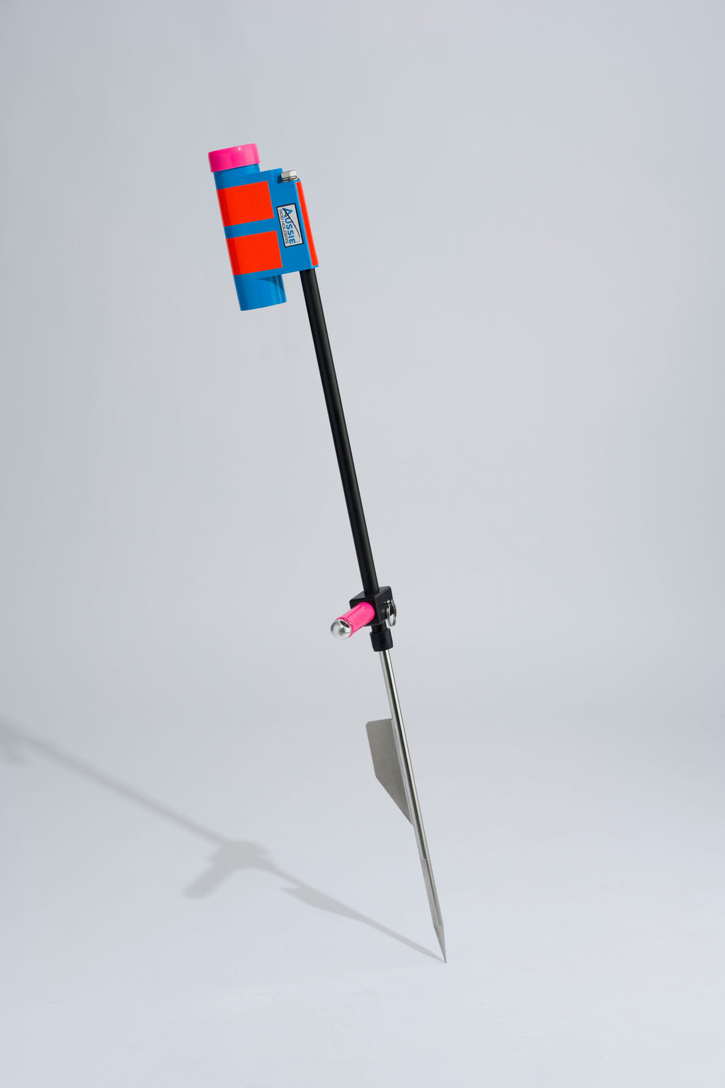 Blue and pink fishing rod holder with fibreglass tube, foot peg and stainless steel sand spike on white background