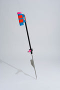 Blue and pink fishing rod holder with fibreglass tube, foot peg and stainless steel sand spike on white background