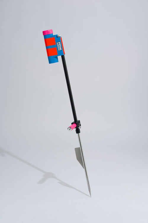 Blue and pink fishing rod holder with fibreglass tube, foot peg and stainless steel sand spike on white background