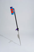 Blue and purple fishing rod holder with fibreglass tube, foot peg and stainless steel sand spike on white background
