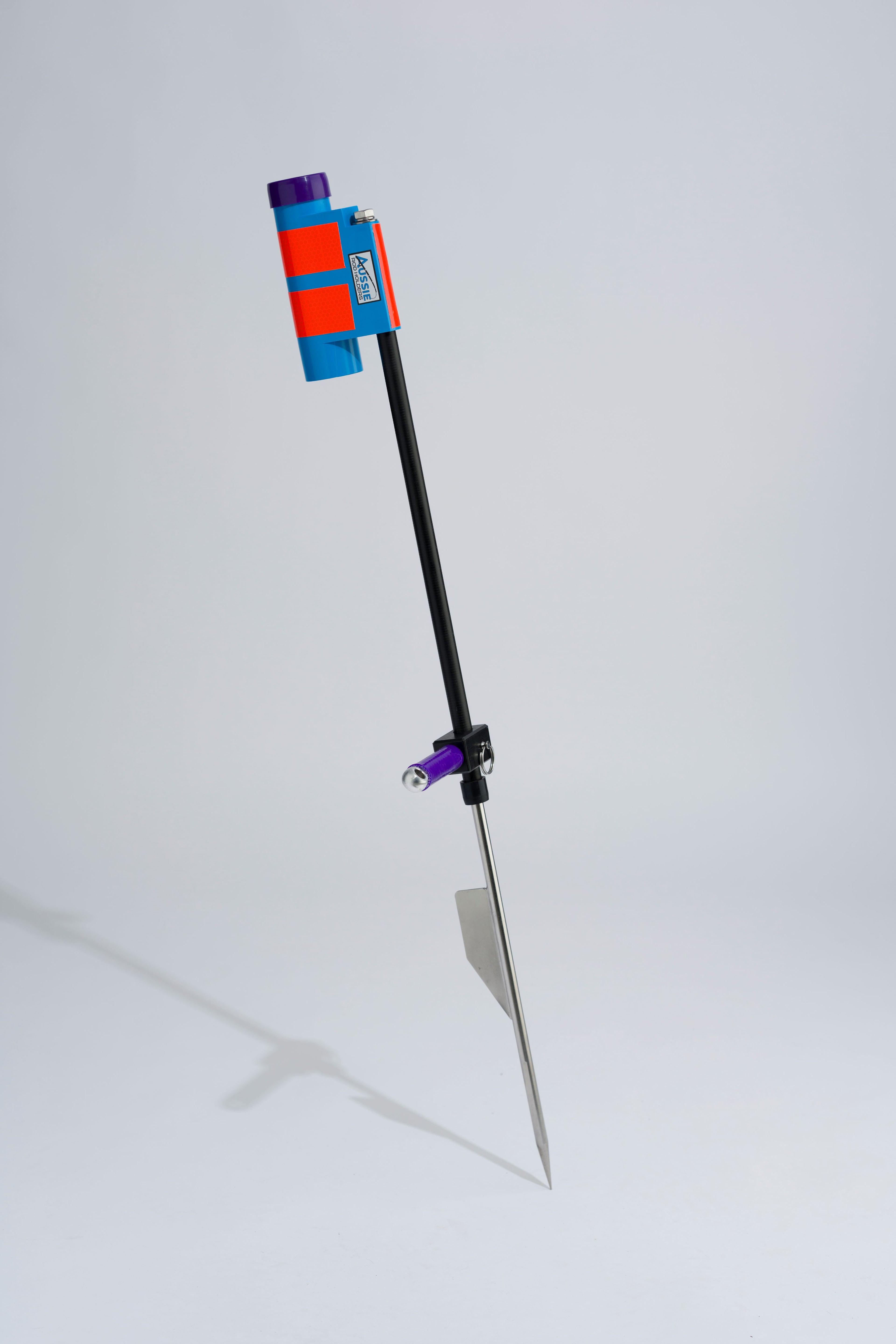 Blue and purple fishing rod holder with fibreglass tube, foot peg and stainless steel sand spike on white background