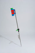 Blue and green fishing rod holder with foot peg and stainless steel sand spike on white background