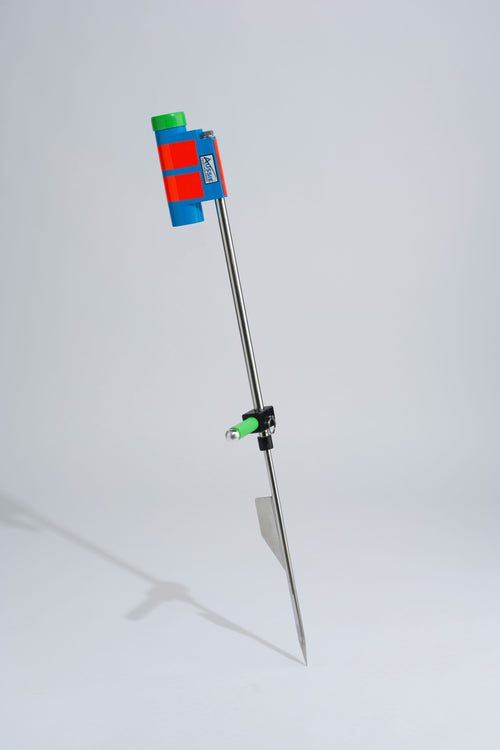 Blue and green fishing rod holder with foot peg and stainless steel sand spike on white background