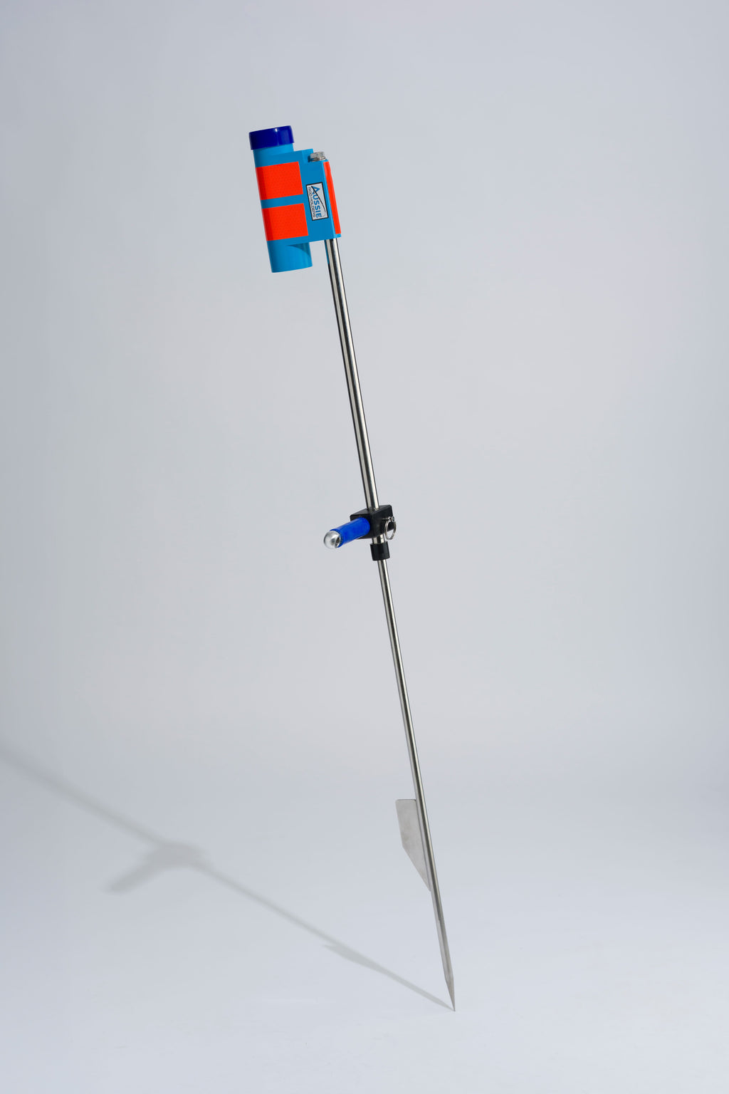 Blue fishing rod holder with foot peg and stainless steel sand spike on white background