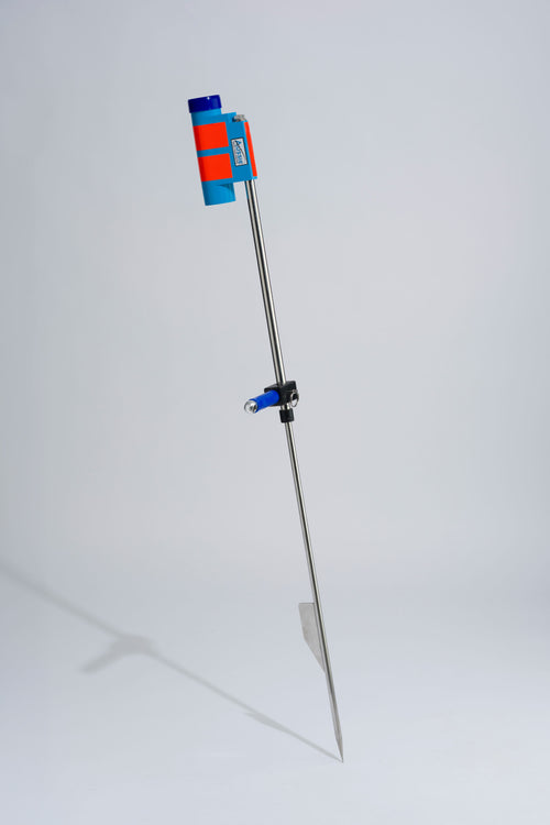 Blue fishing rod holder with foot peg and stainless steel sand spike on white background