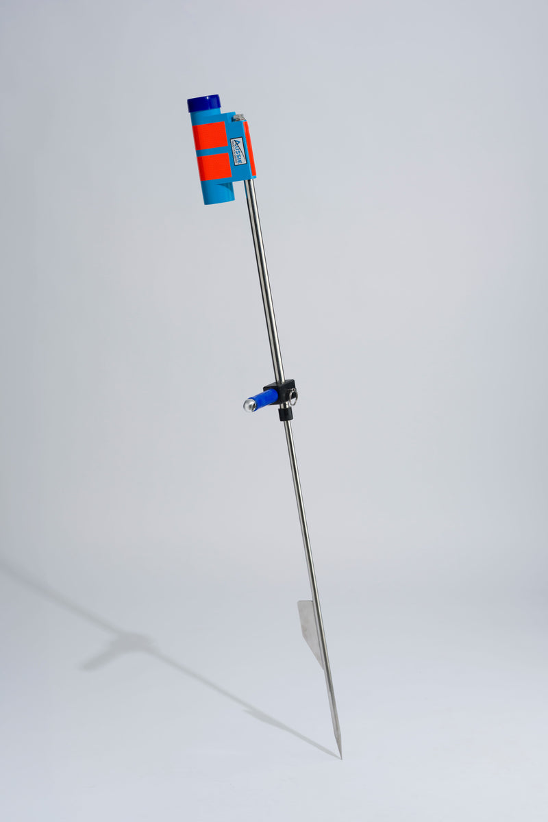 Blue fishing rod holder with foot peg and stainless steel sand spike on white background