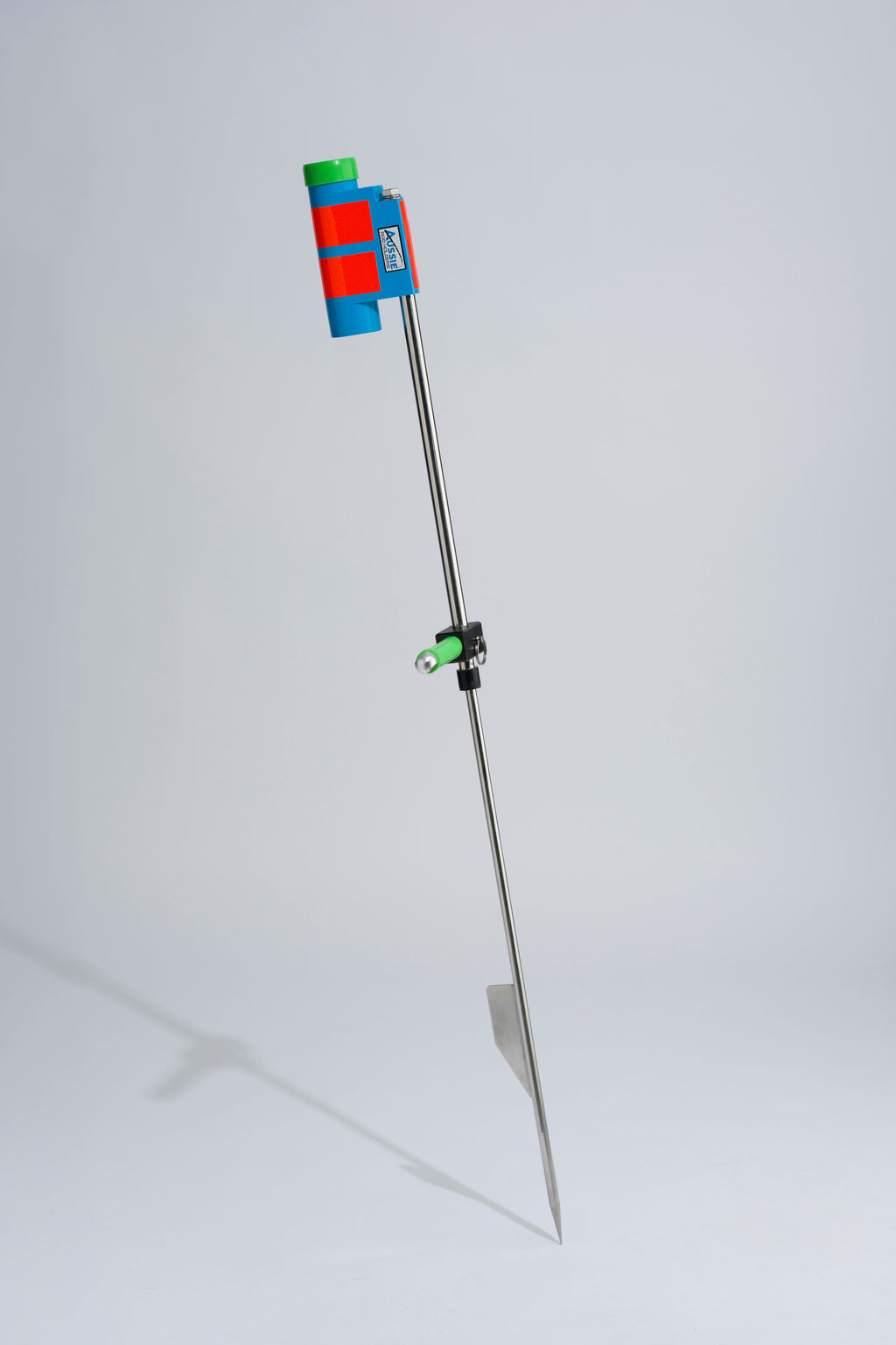 Blue and green fishing rod holder with foot peg and stainless steel sand spike on white background