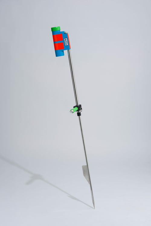 Blue and green fishing rod holder with foot peg and stainless steel sand spike on white background
