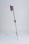 Blue and luminescent fishing rod holder with foot peg and stainless steel sand spike on white background