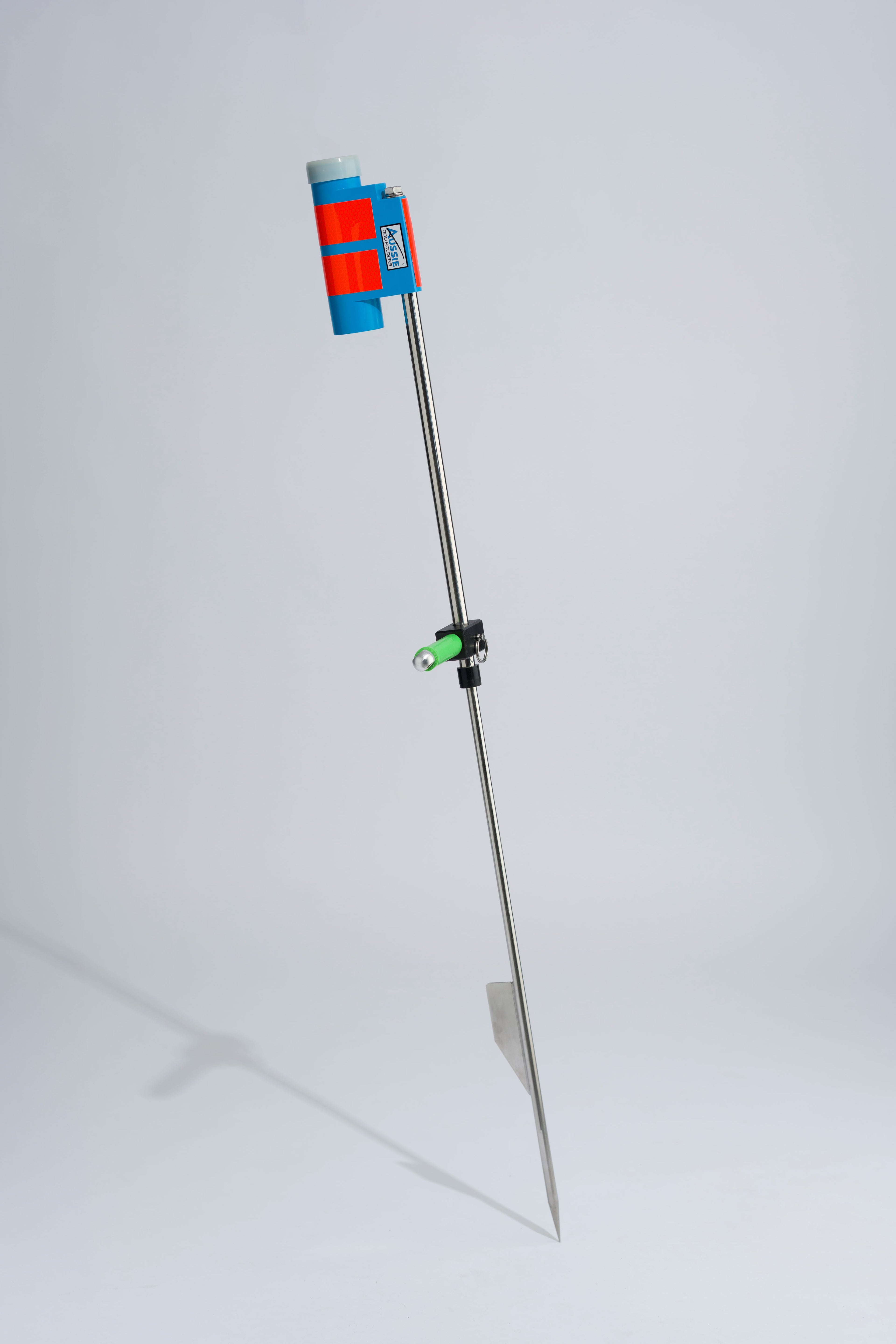 Blue and luminescent fishing rod holder with foot peg and stainless steel sand spike on white background