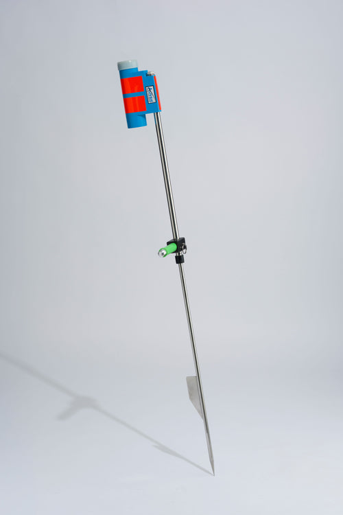 Blue and luminescent fishing rod holder with foot peg and stainless steel sand spike on white background