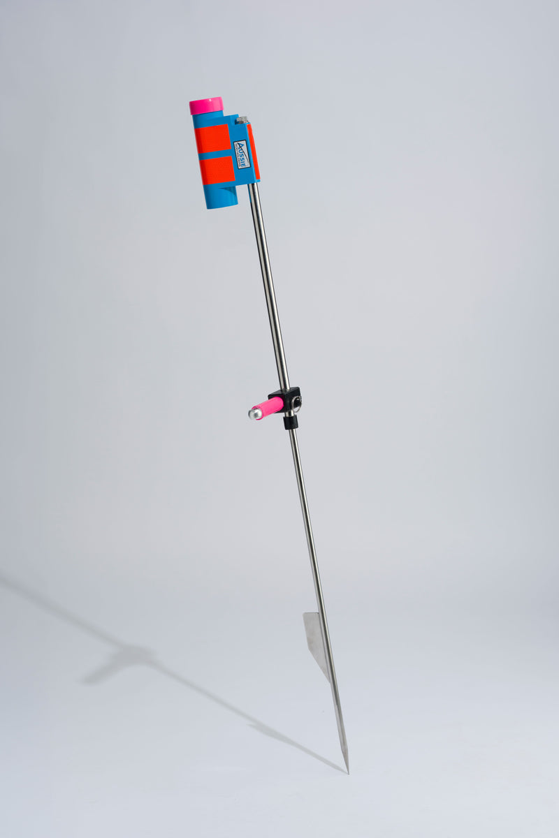 Blue and pink fishing rod holder with foot peg and stainless steel sand spike on white background