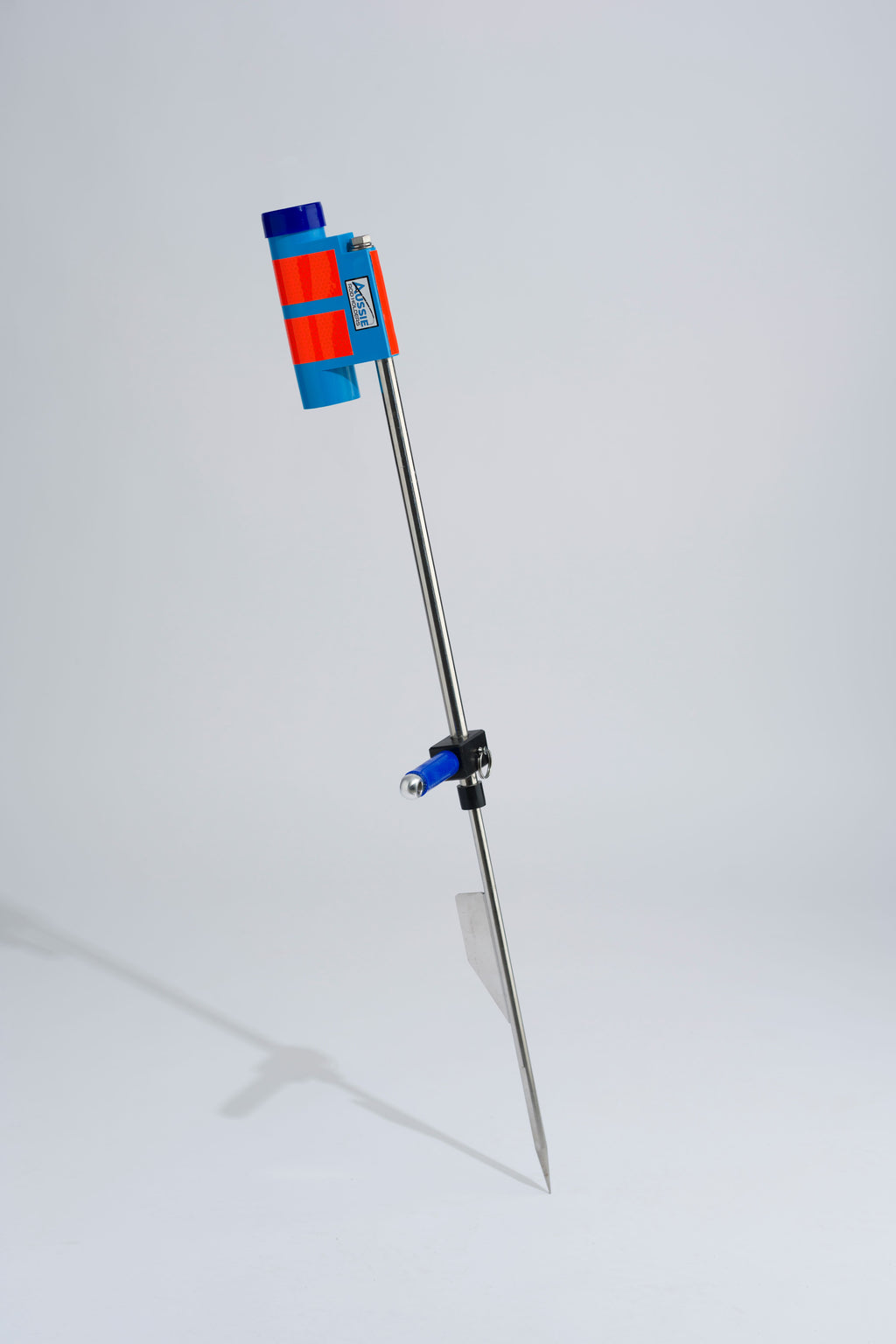 Blue fishing rod holder with foot peg and stainless steel sand spike on white background
