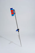 Blue fishing rod holder with foot peg and stainless steel sand spike on white background