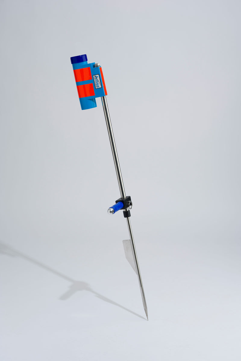 Blue fishing rod holder with foot peg and stainless steel sand spike on white background