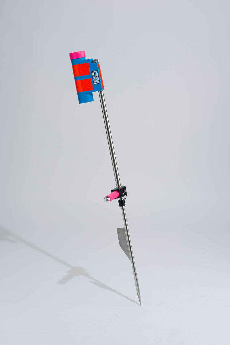 Blue and pink fishing rod holder with foot peg and stainless steel sand spike on white background