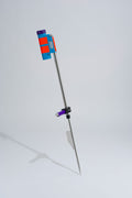 Blue and purple fishing rod holder with foot peg and stainless steel sand spike on white background