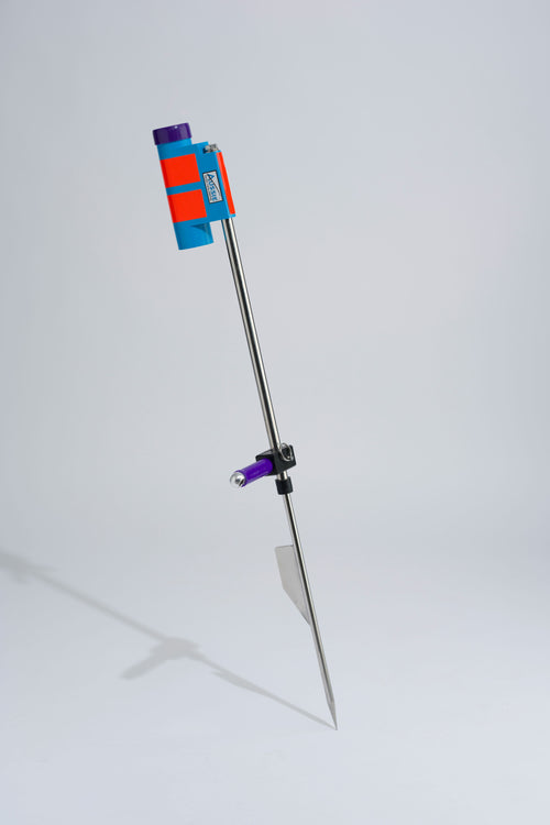 Blue and purple fishing rod holder with foot peg and stainless steel sand spike on white background